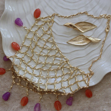 Sunset Net Schmuckset - Netz Kette und Goldblatt Ohrringe