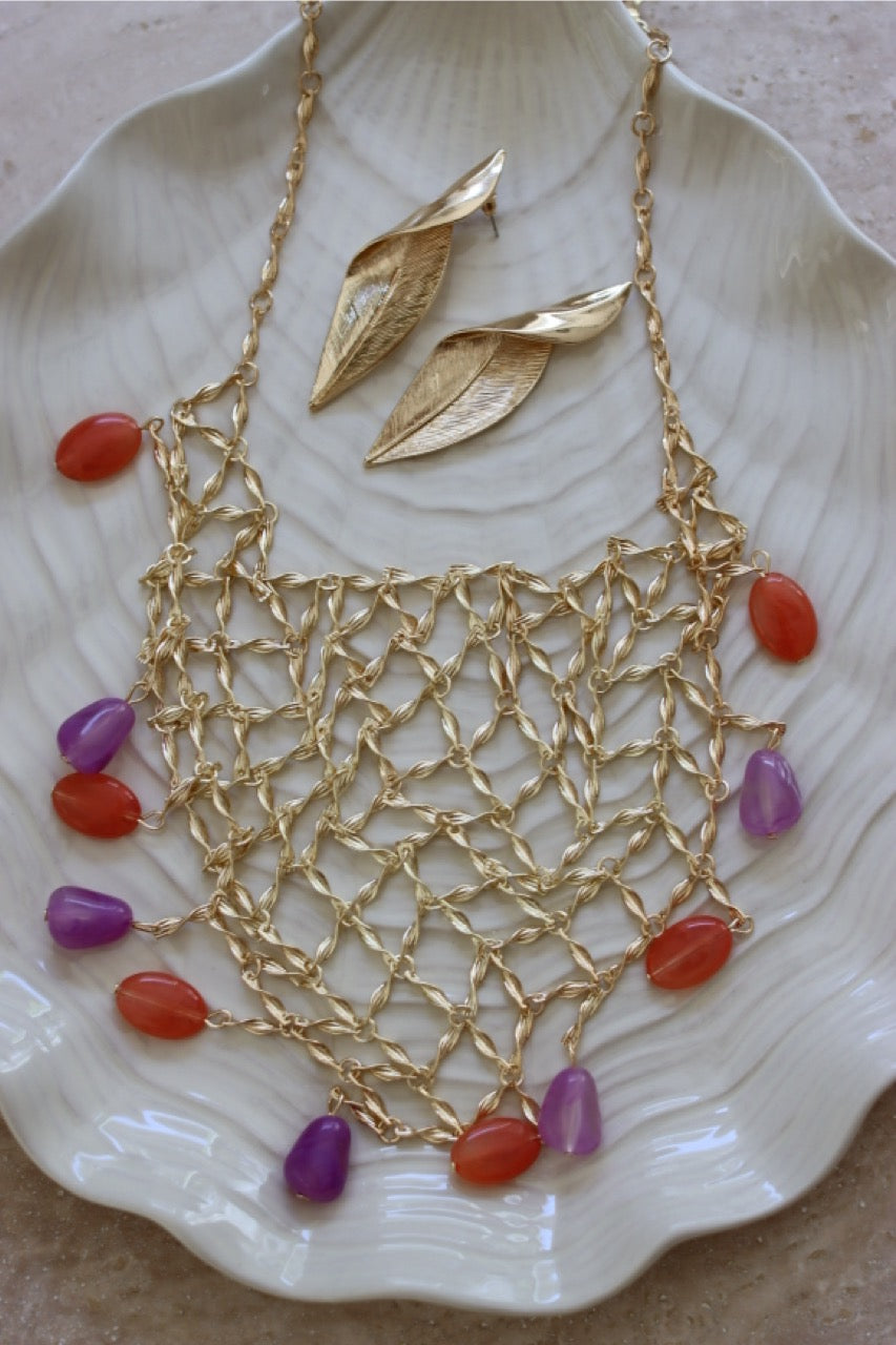 Sunset Net Schmuckset - Netz Kette und Goldblatt Ohrringe