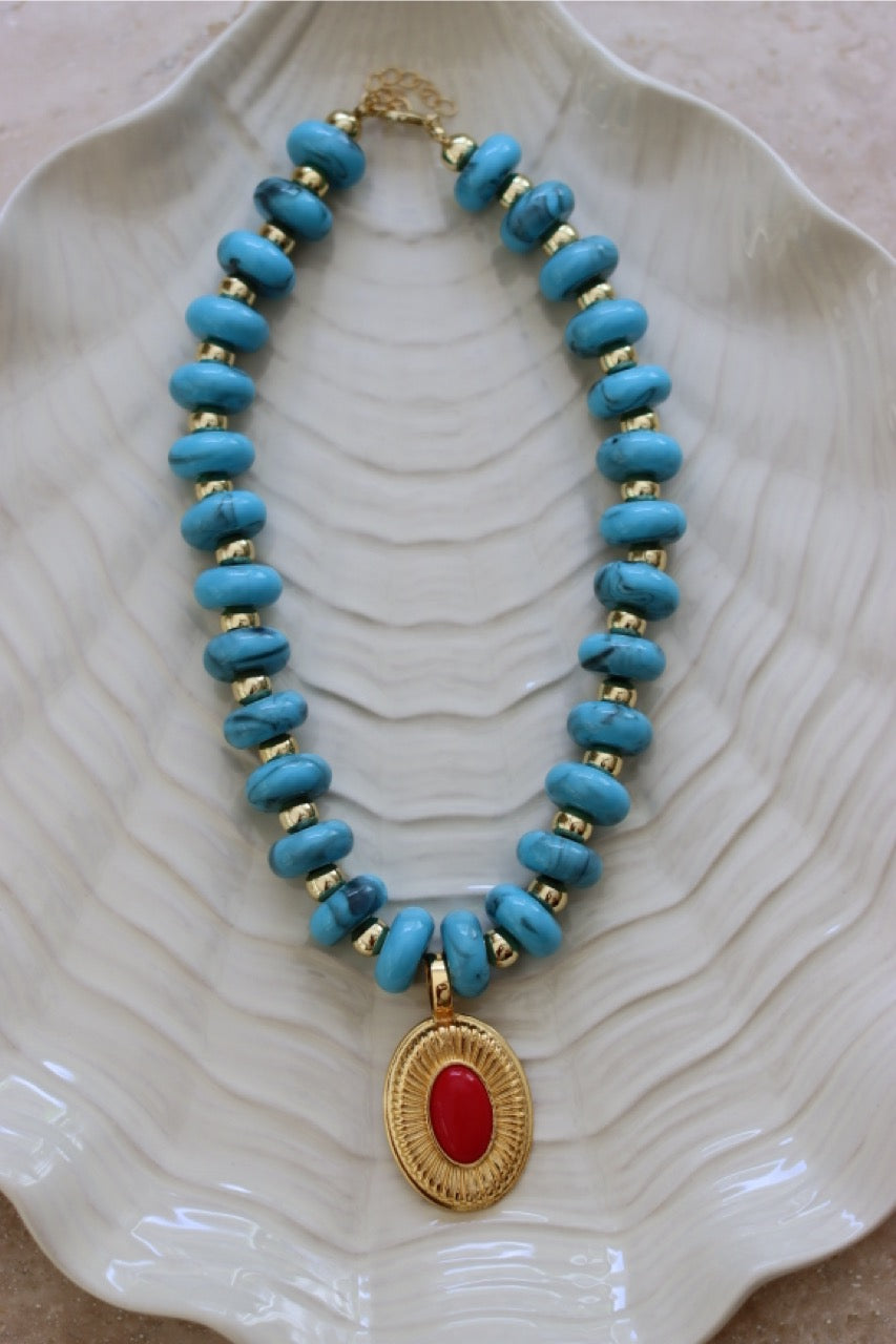 Sol Medaillon - Statement Kette mit farbigen Perlen