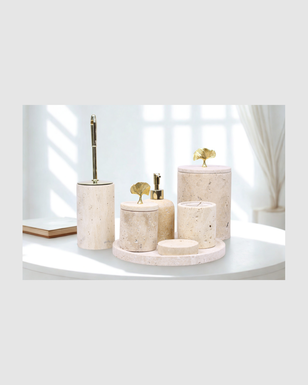 Terra Ginko – 7-teiliges Badset aus Travertin