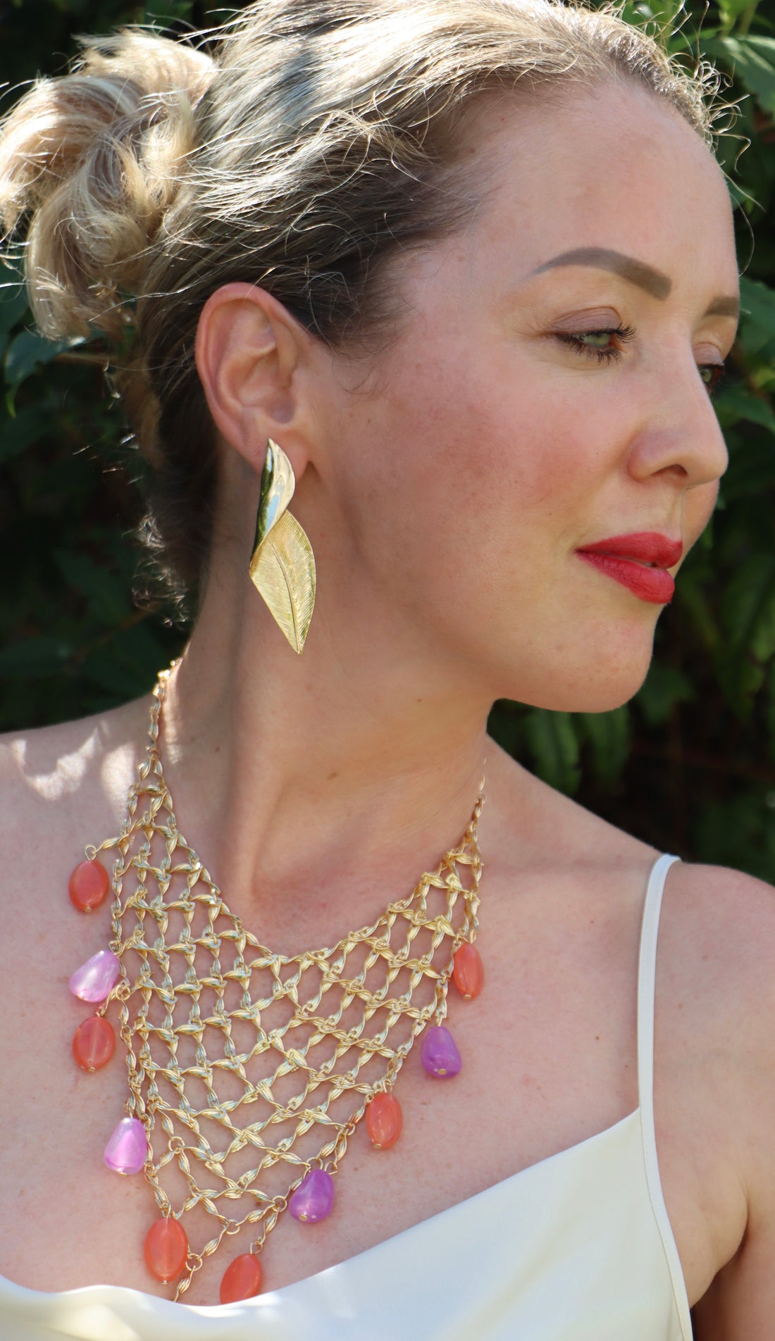 Sunset Net Schmuckset - Netz Kette und Goldblatt Ohrringe