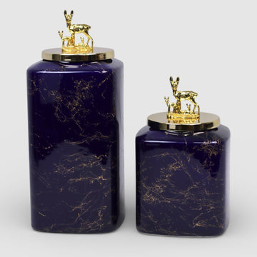 Forest Grace Keramikdosen mit Rehfigur Blau & Gold