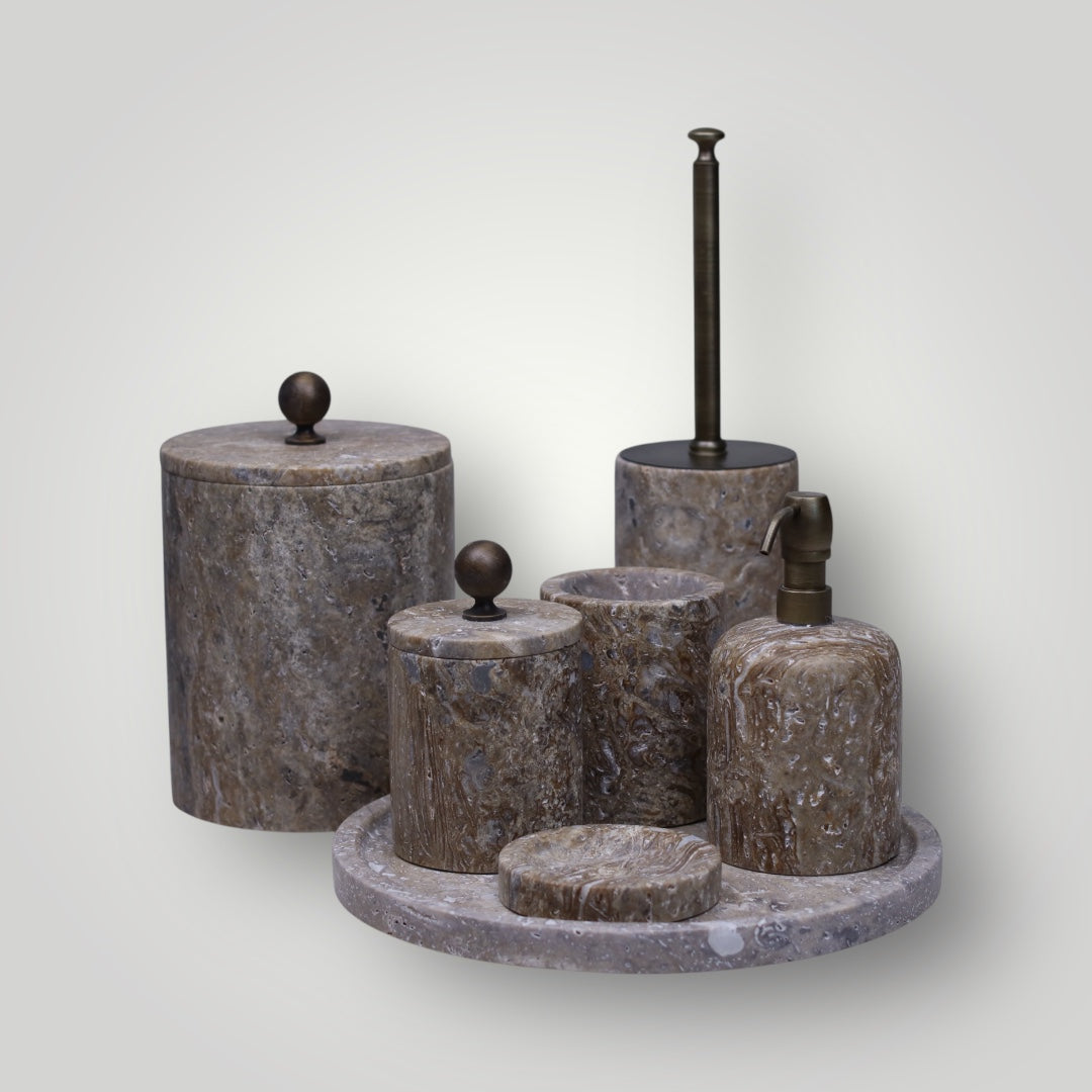 Travertin Luxe – 7-teiliges Badset aus Naturstein & Metall